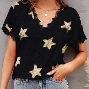 Black and Gold Stars Eyelash Lace-Trim V-Neck Top